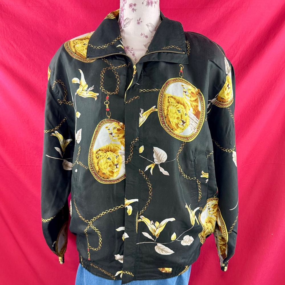Vintage Silk Lion Print Bomber Jacket 90s Baroque Chain Windbreaker Medium - Picture 6 of 17